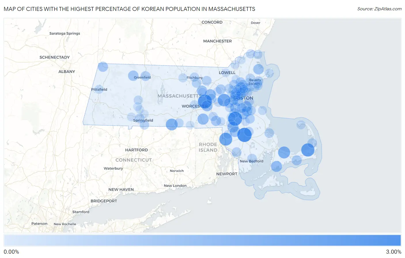 Cities with the Highest Percentage of Korean Population in Massachusetts Map