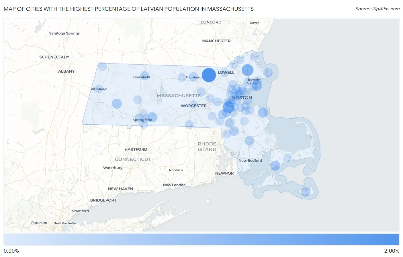 Cities with the Highest Percentage of Latvian Population in Massachusetts Map