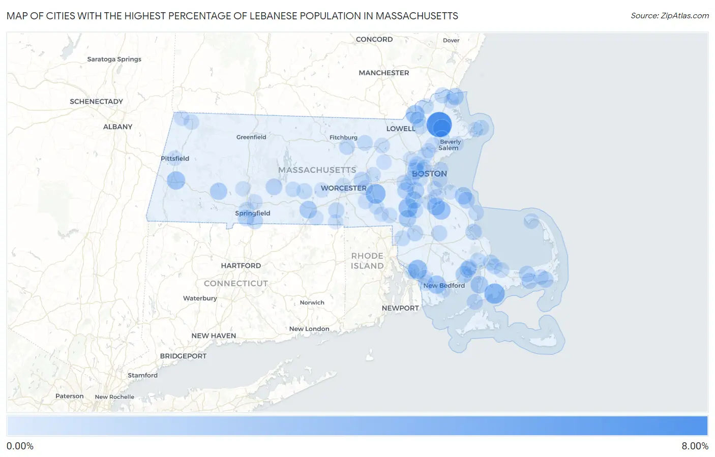 Cities with the Highest Percentage of Lebanese Population in Massachusetts Map
