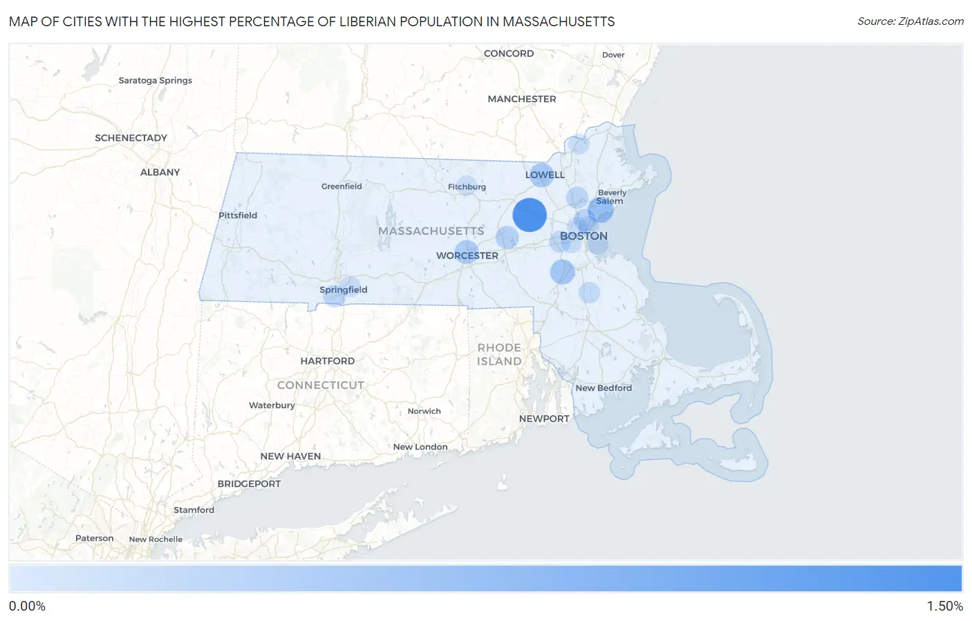 Cities with the Highest Percentage of Liberian Population in Massachusetts Map