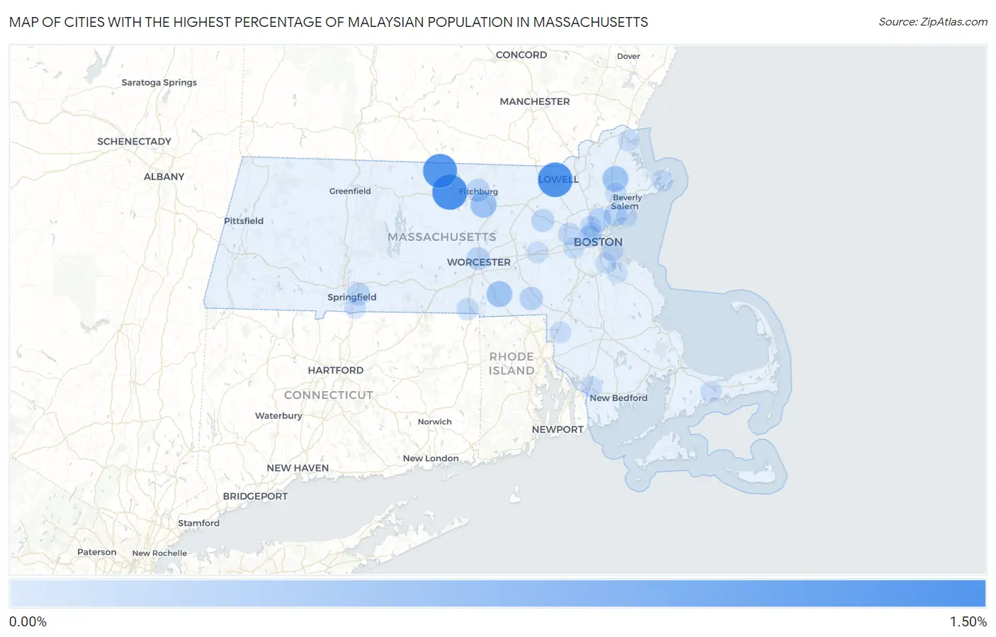 Cities with the Highest Percentage of Malaysian Population in Massachusetts Map