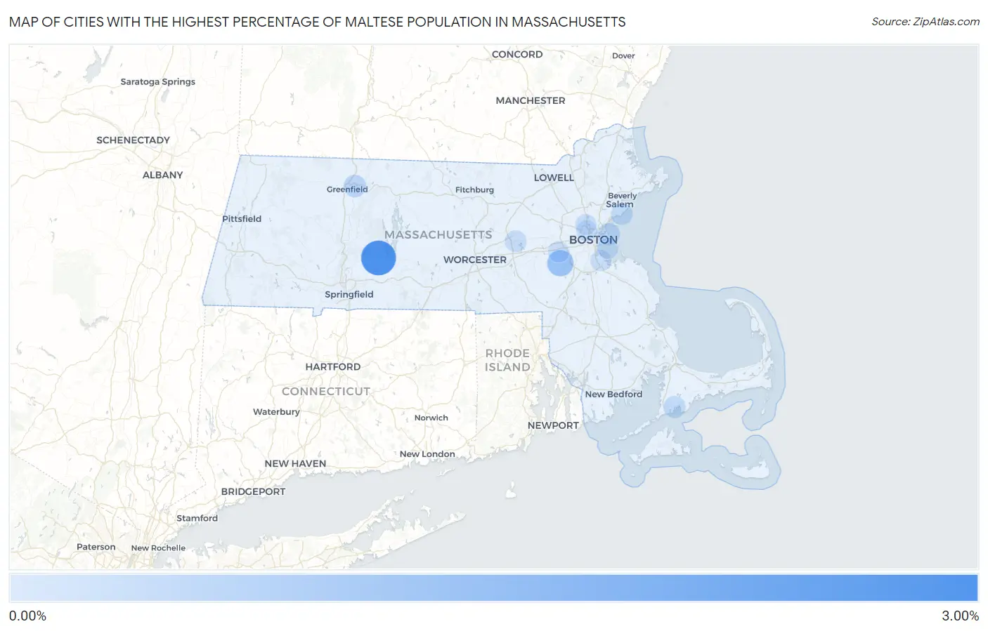 Cities with the Highest Percentage of Maltese Population in Massachusetts Map