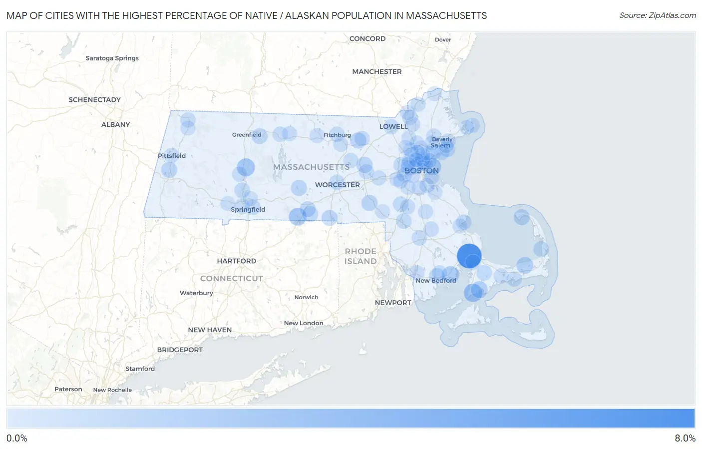 Cities with the Highest Percentage of Native / Alaskan Population in Massachusetts Map