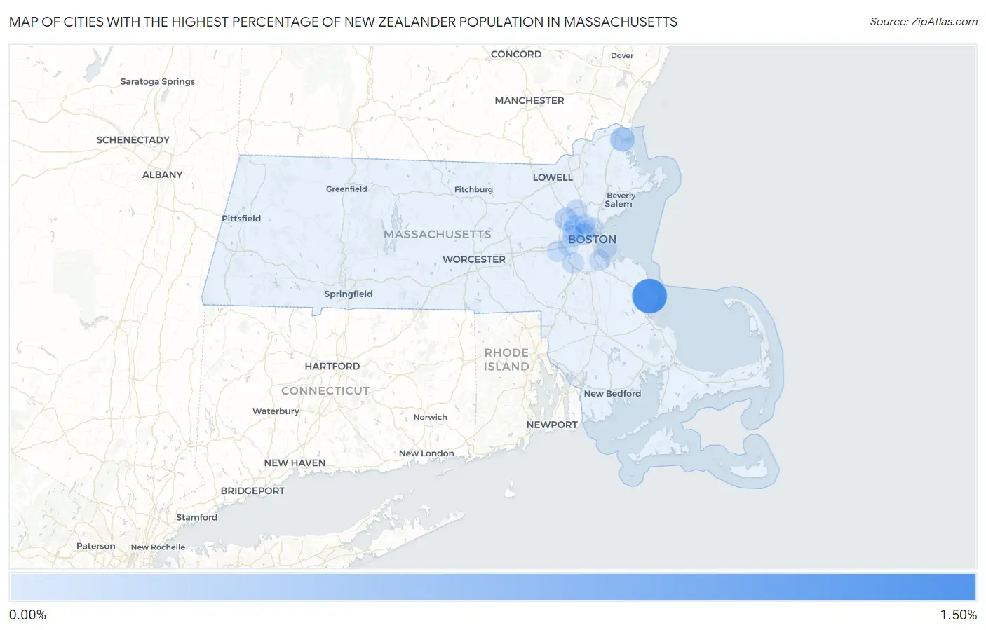 Cities with the Highest Percentage of New Zealander Population in Massachusetts Map