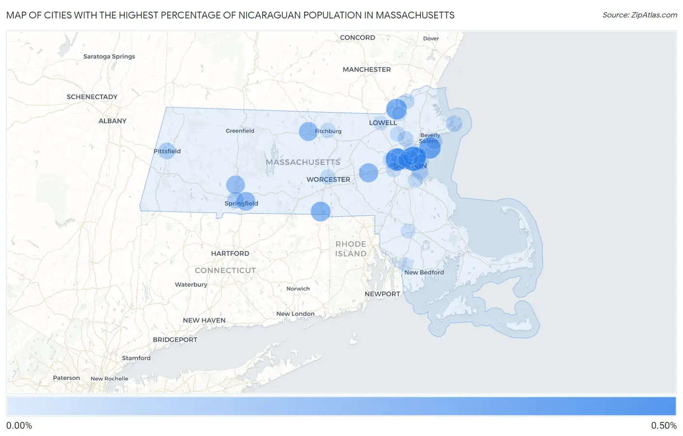 Cities with the Highest Percentage of Nicaraguan Population in Massachusetts Map