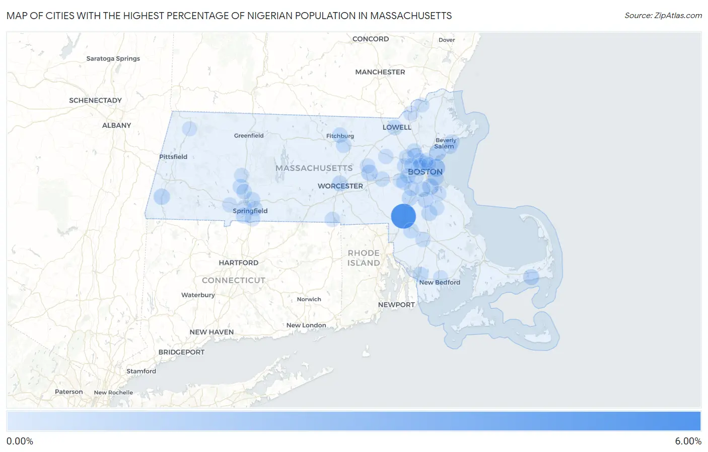 Cities with the Highest Percentage of Nigerian Population in Massachusetts Map
