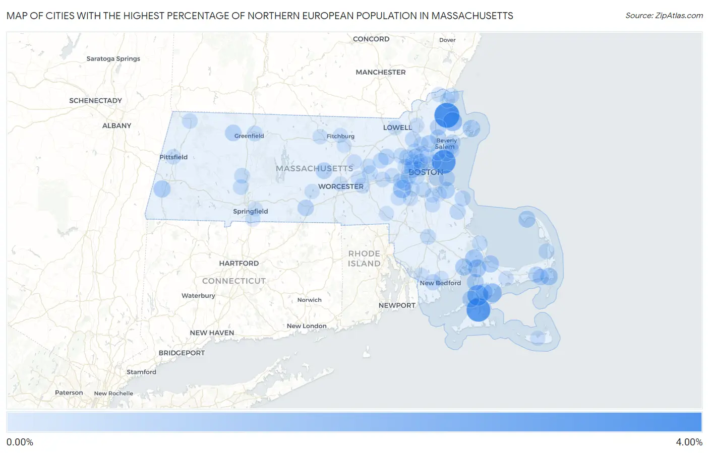 Cities with the Highest Percentage of Northern European Population in Massachusetts Map