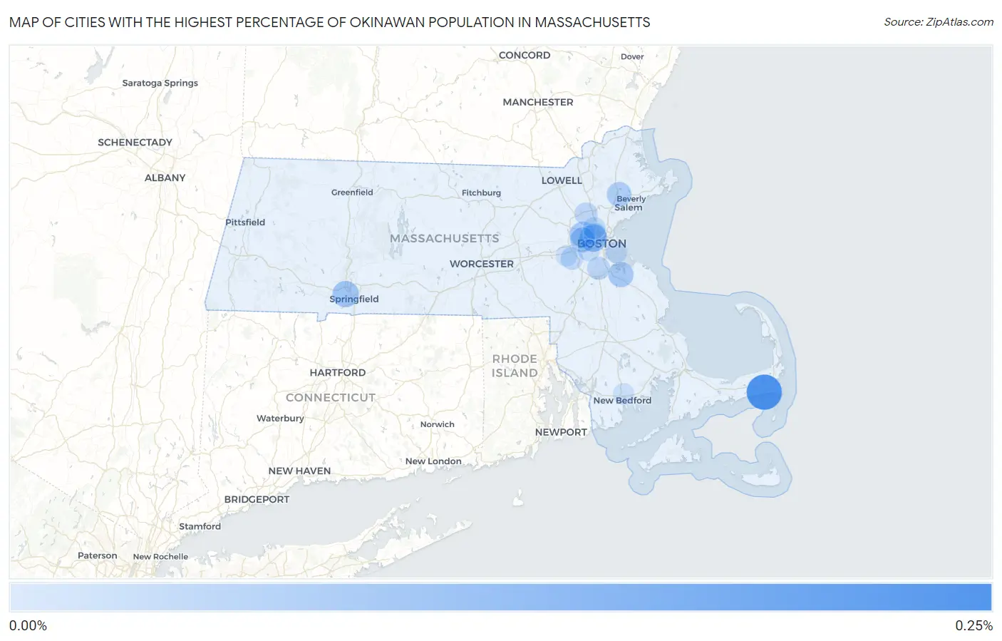 Cities with the Highest Percentage of Okinawan Population in Massachusetts Map