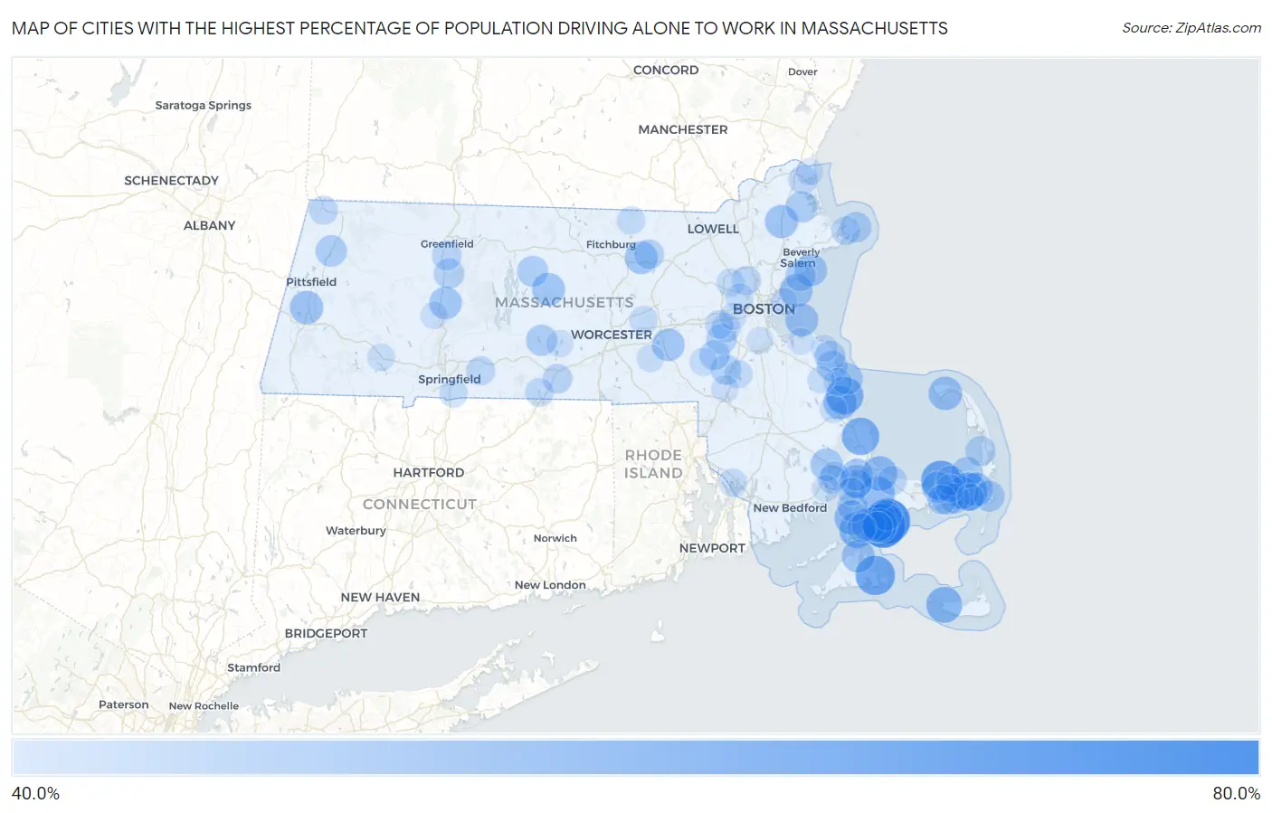 Cities with the Highest Percentage of Population Driving Alone to Work in Massachusetts Map