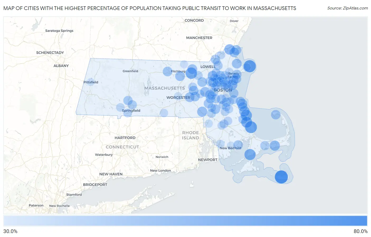 Cities with the Highest Percentage of Population Taking Public Transit to Work in Massachusetts Map
