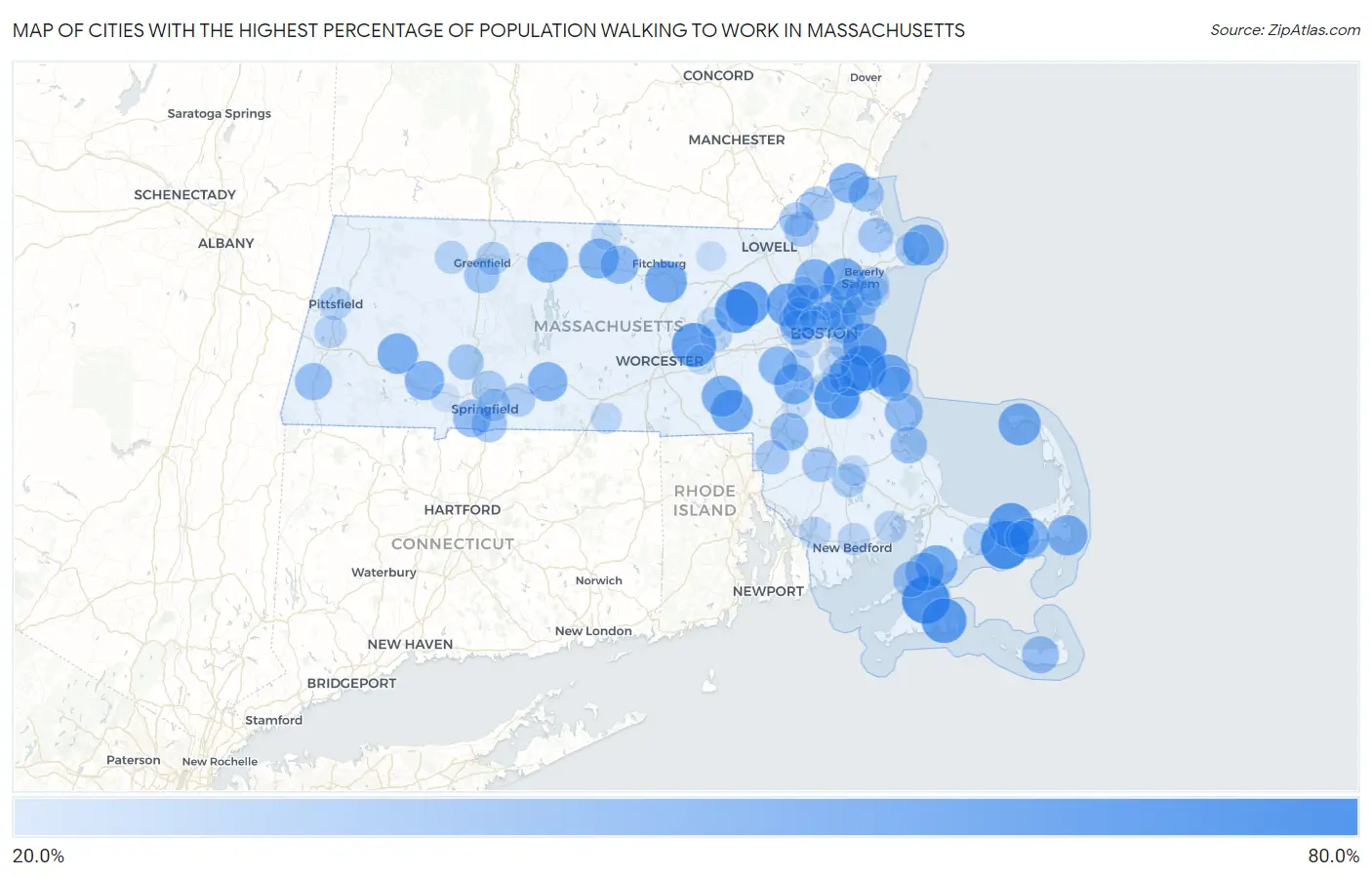 Cities with the Highest Percentage of Population Walking to Work in Massachusetts Map