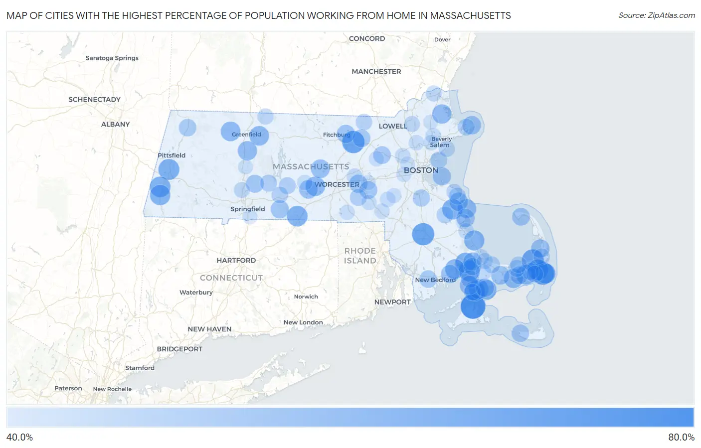 Cities with the Highest Percentage of Population Working from Home in Massachusetts Map