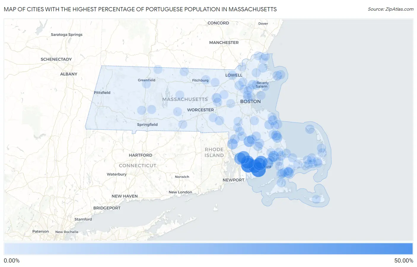 Cities with the Highest Percentage of Portuguese Population in Massachusetts Map