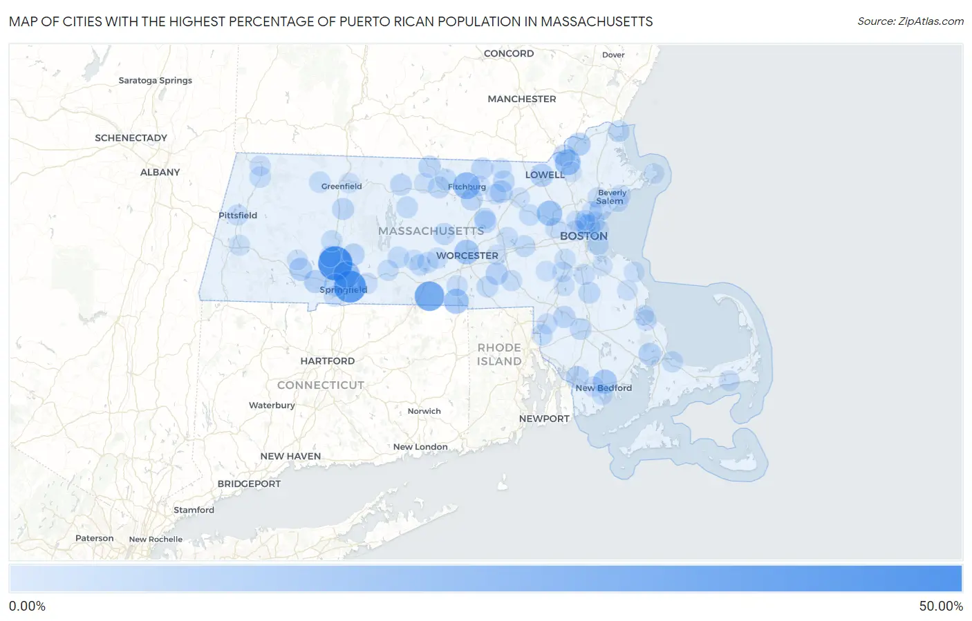 Cities with the Highest Percentage of Puerto Rican Population in Massachusetts Map