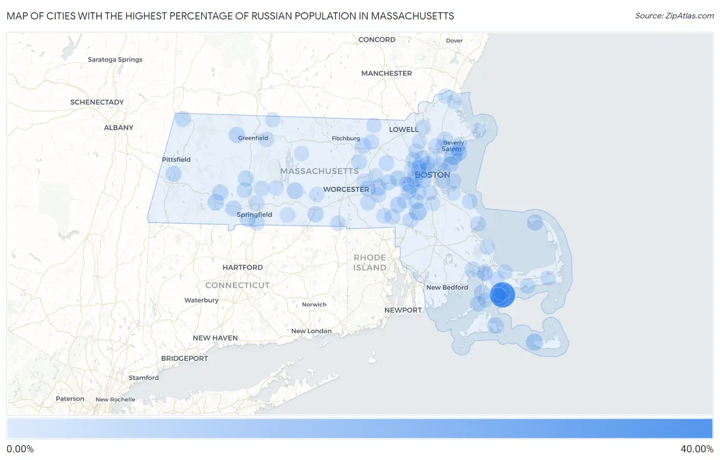 Cities with the Highest Percentage of Russian Population in Massachusetts Map