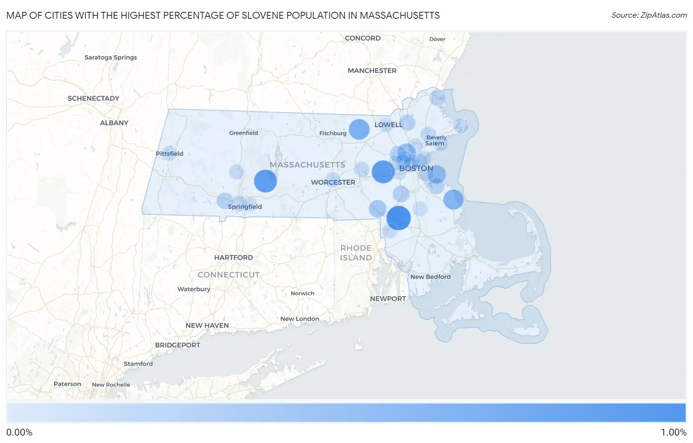 Cities with the Highest Percentage of Slovene Population in Massachusetts Map