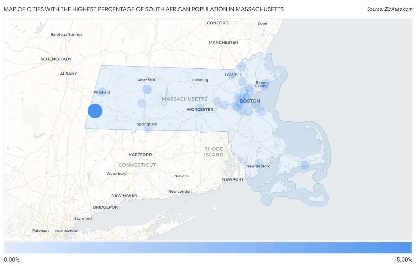 Cities with the Highest Percentage of South African Population in Massachusetts Map