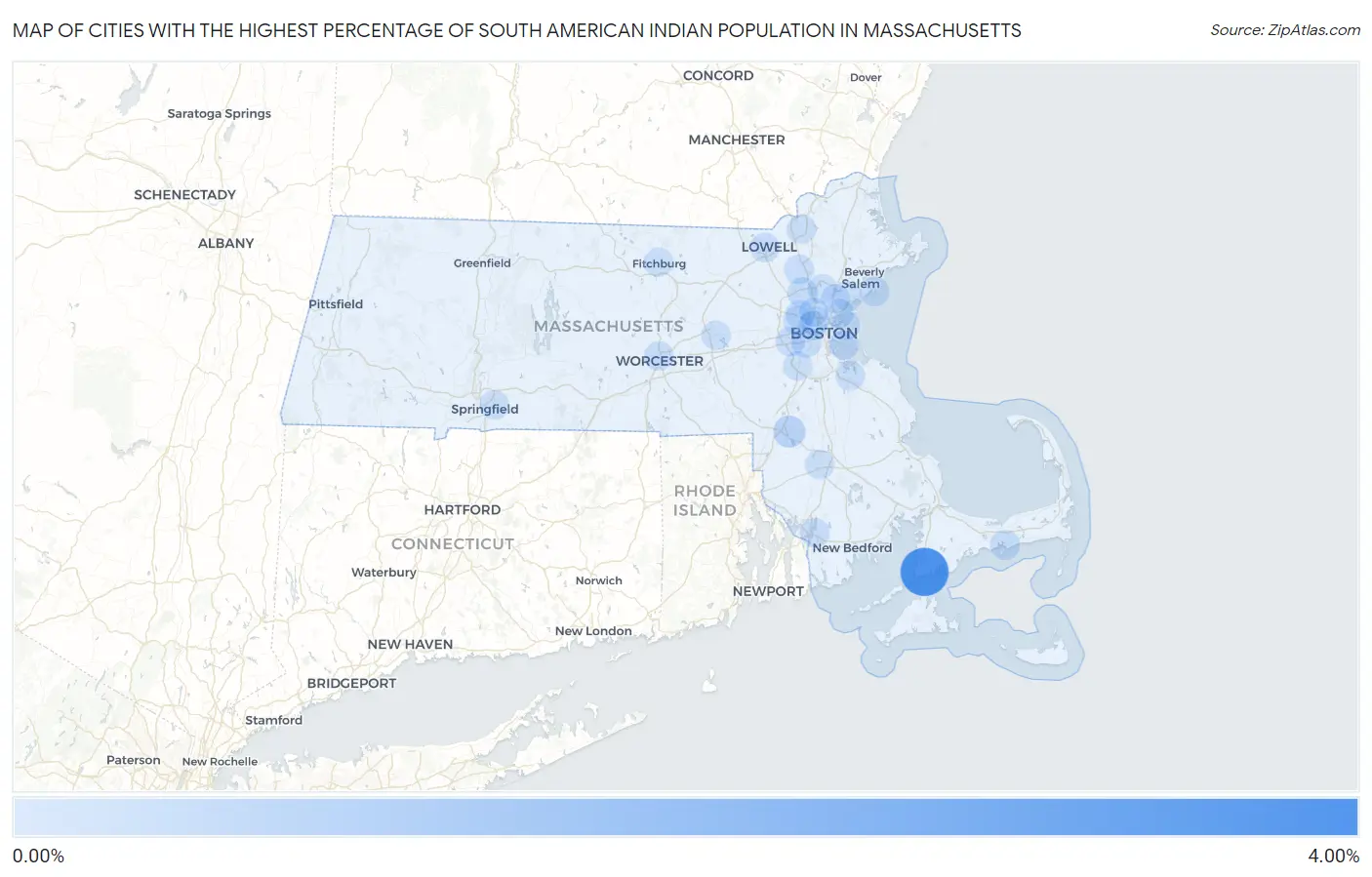 Cities with the Highest Percentage of South American Indian Population in Massachusetts Map