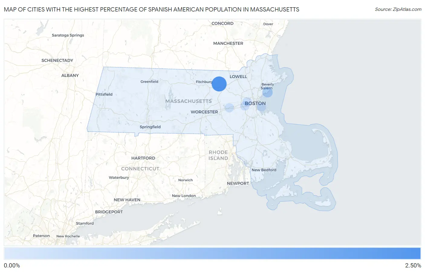Cities with the Highest Percentage of Spanish American Population in Massachusetts Map