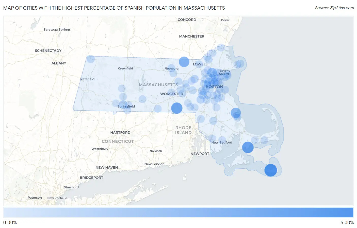 Cities with the Highest Percentage of Spanish Population in Massachusetts Map