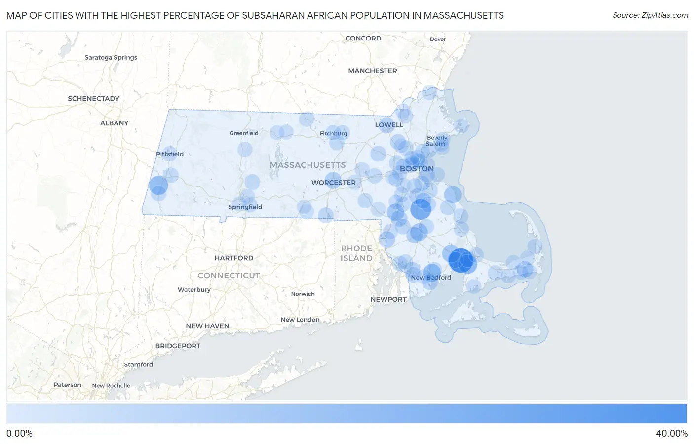 Cities with the Highest Percentage of Subsaharan African Population in Massachusetts Map