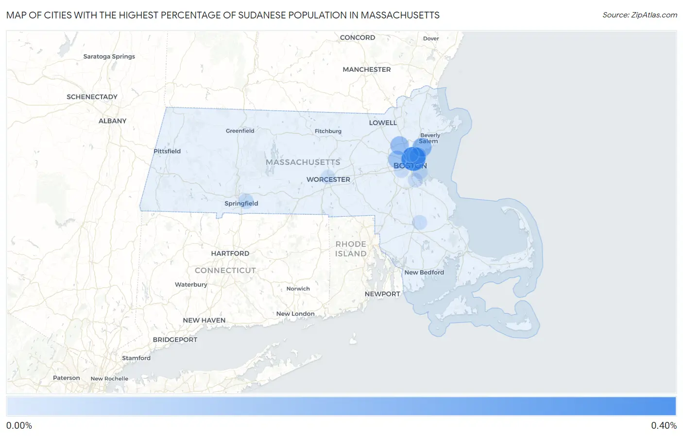 Cities with the Highest Percentage of Sudanese Population in Massachusetts Map