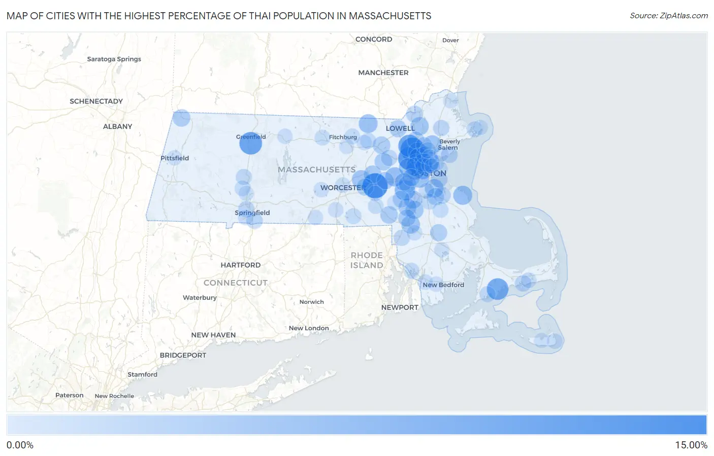 Cities with the Highest Percentage of Thai Population in Massachusetts Map