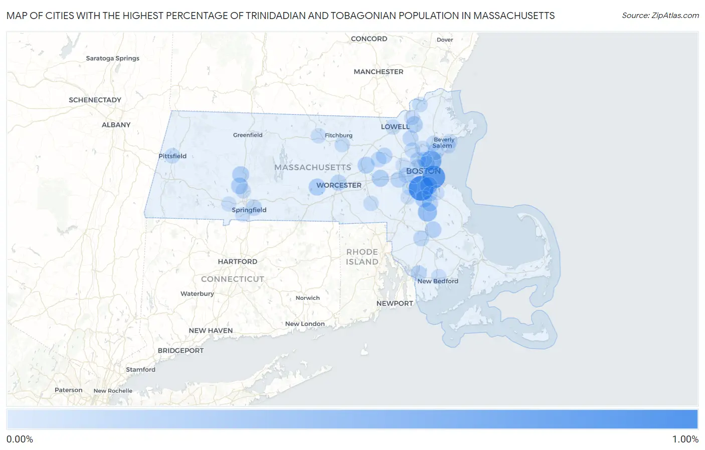 Cities with the Highest Percentage of Trinidadian and Tobagonian Population in Massachusetts Map