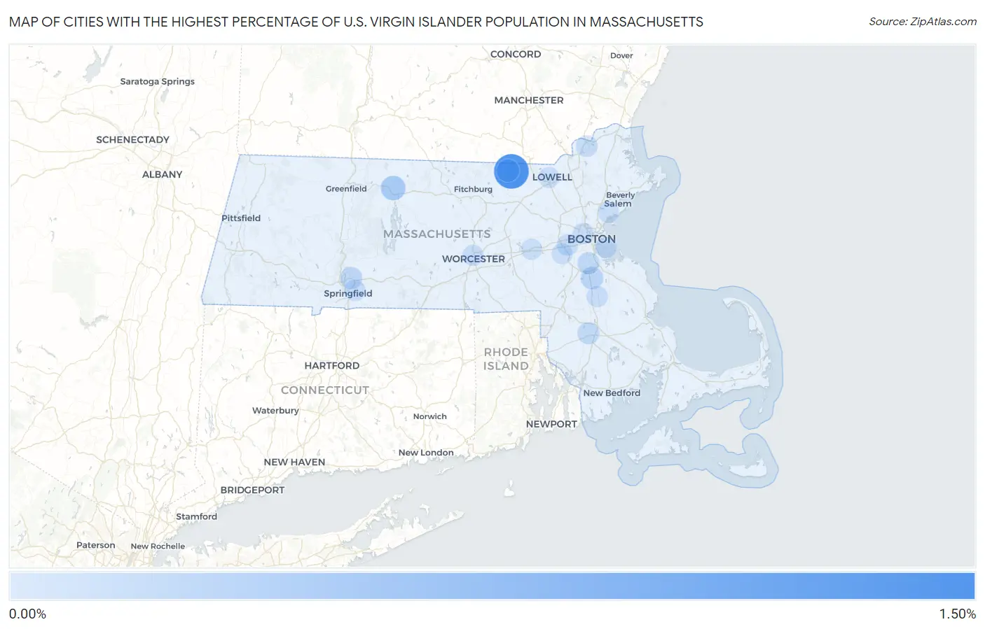 Cities with the Highest Percentage of U.S. Virgin Islander Population in Massachusetts Map