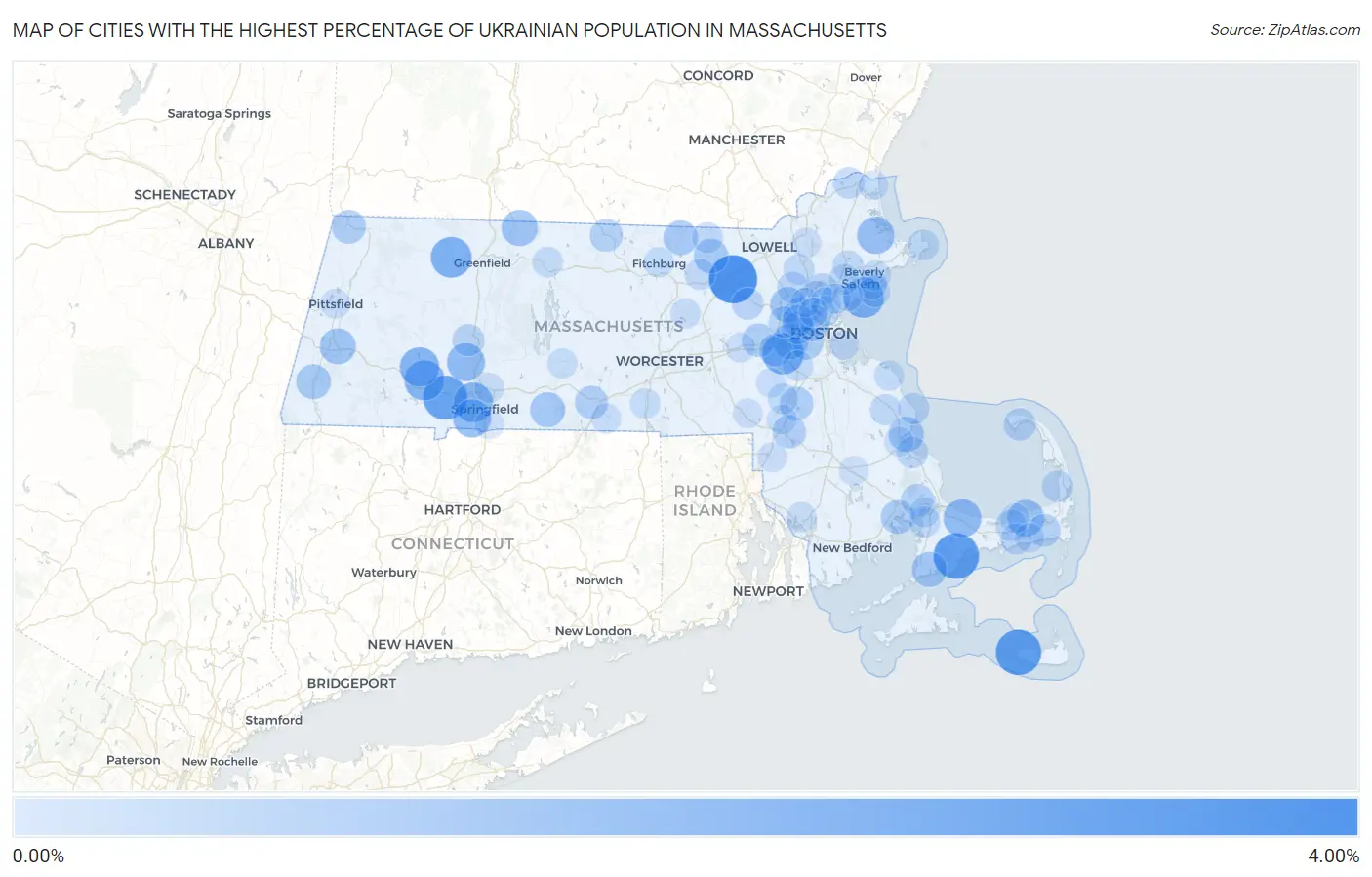 Cities with the Highest Percentage of Ukrainian Population in Massachusetts Map