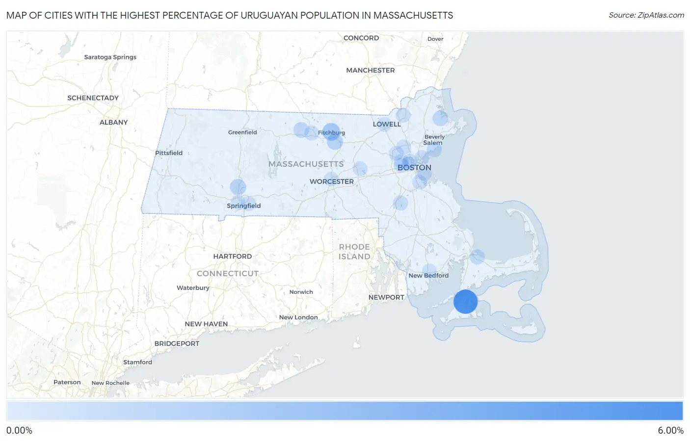 Cities with the Highest Percentage of Uruguayan Population in Massachusetts Map