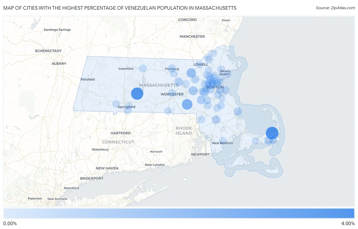 Cities with the Highest Percentage of Venezuelan Population in Massachusetts Map