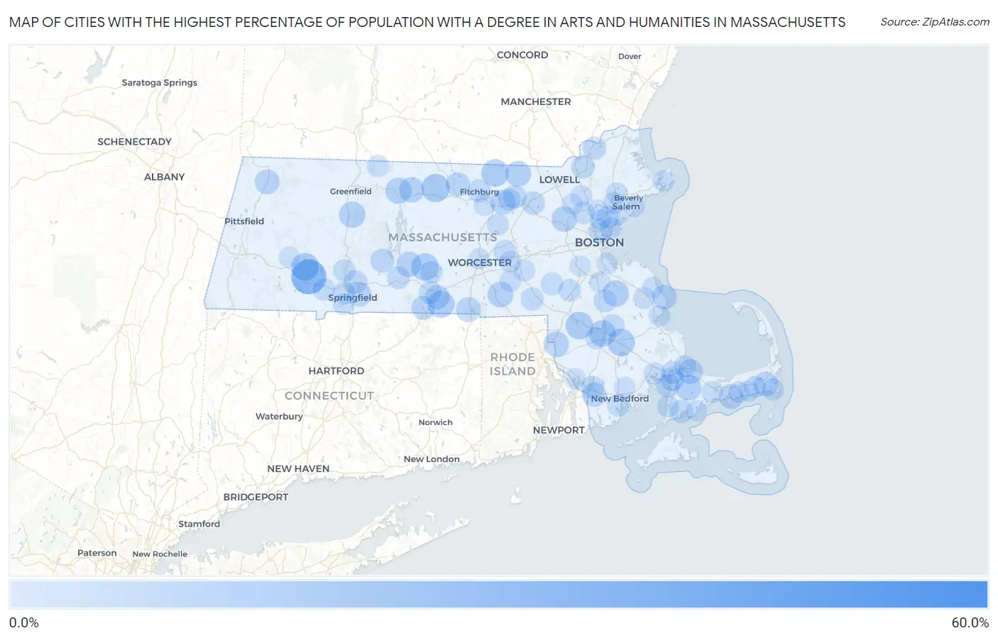 Cities with the Highest Percentage of Population with a Degree in Arts and Humanities in Massachusetts Map