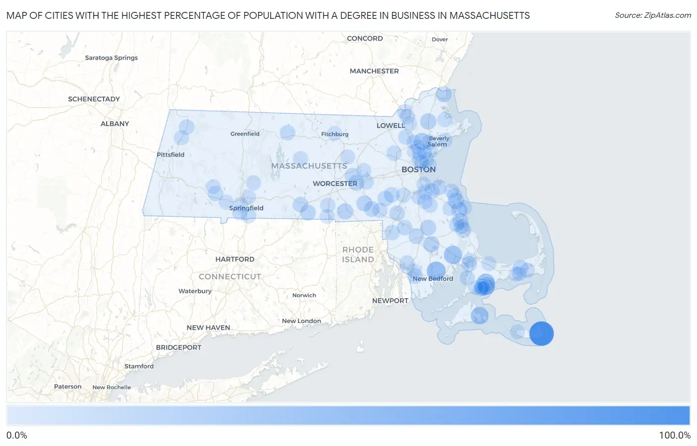 Cities with the Highest Percentage of Population with a Degree in Business in Massachusetts Map