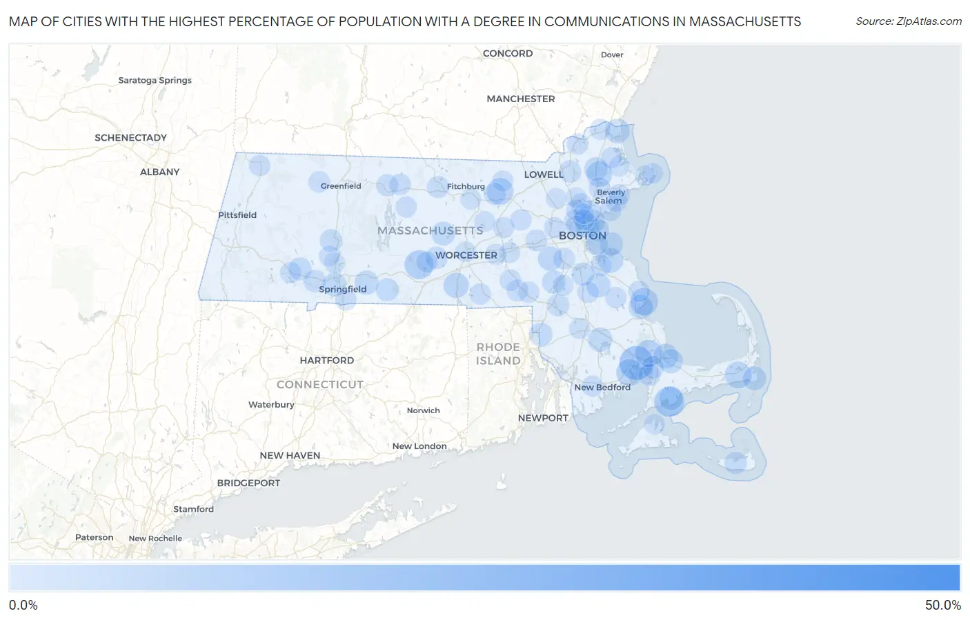 Cities with the Highest Percentage of Population with a Degree in Communications in Massachusetts Map