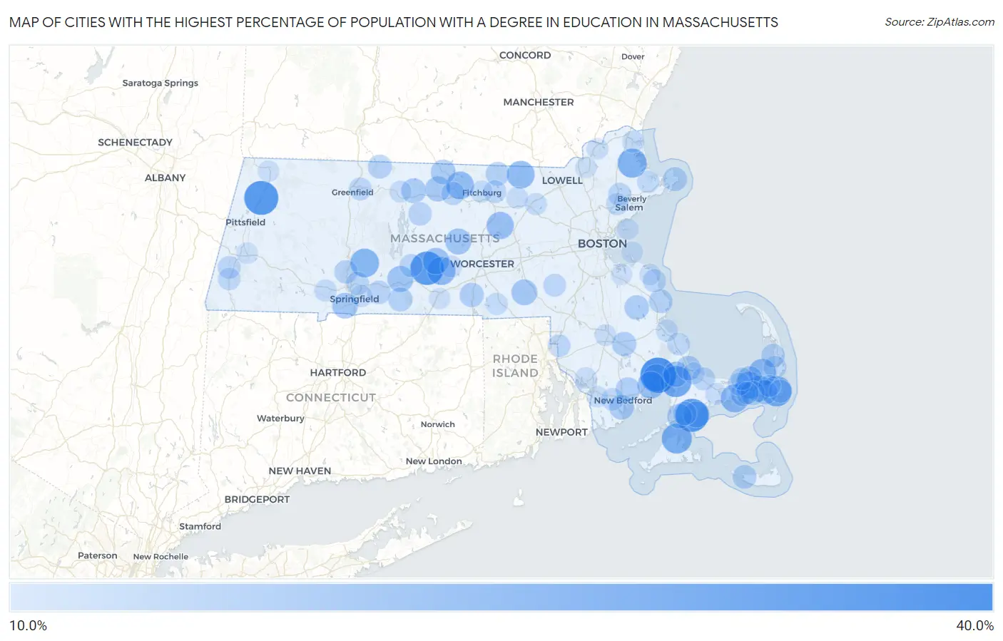 Cities with the Highest Percentage of Population with a Degree in Education in Massachusetts Map