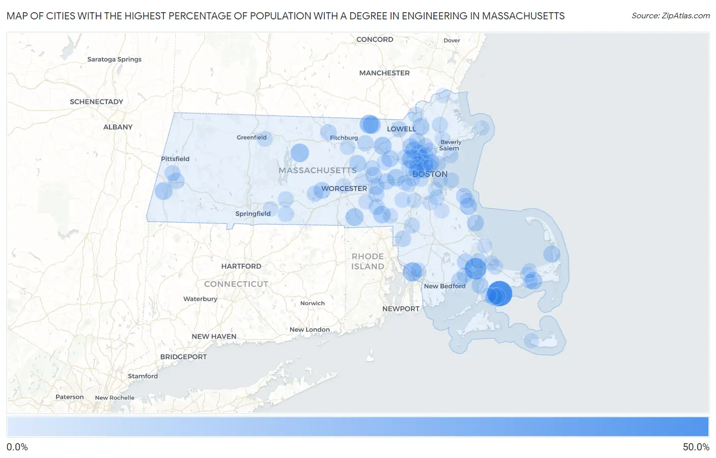 Cities with the Highest Percentage of Population with a Degree in Engineering in Massachusetts Map