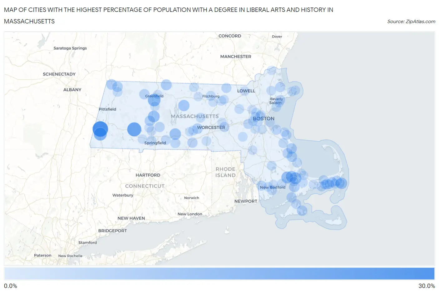 Cities with the Highest Percentage of Population with a Degree in Liberal Arts and History in Massachusetts Map