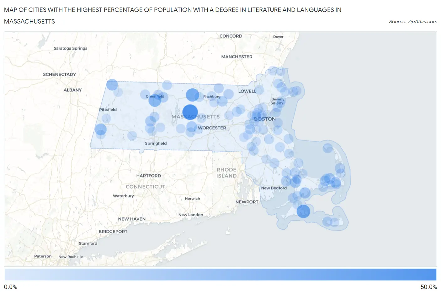 Cities with the Highest Percentage of Population with a Degree in Literature and Languages in Massachusetts Map