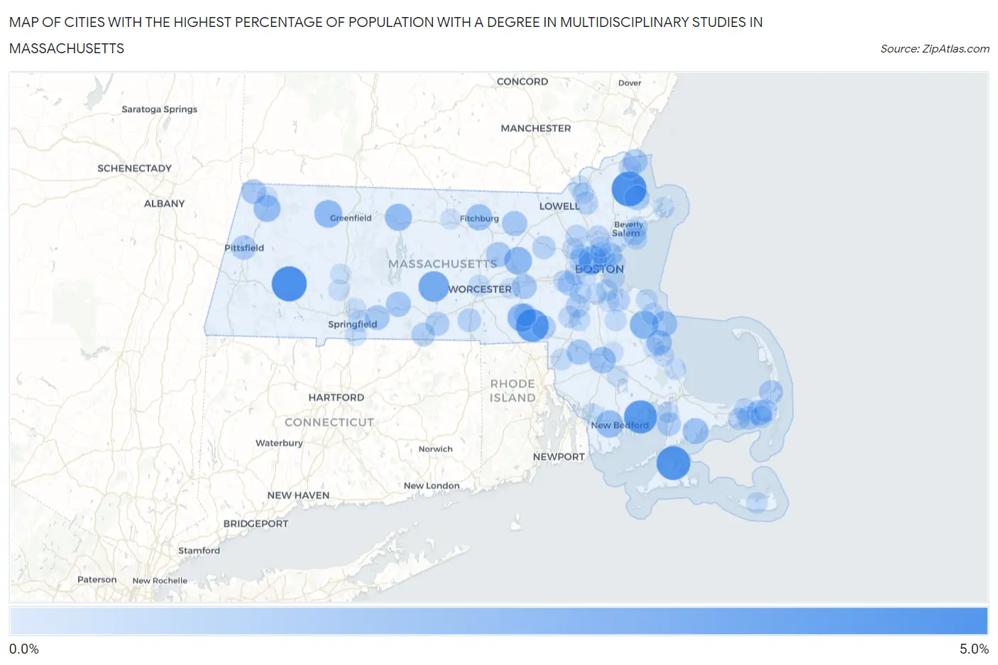 Cities with the Highest Percentage of Population with a Degree in Multidisciplinary Studies in Massachusetts Map