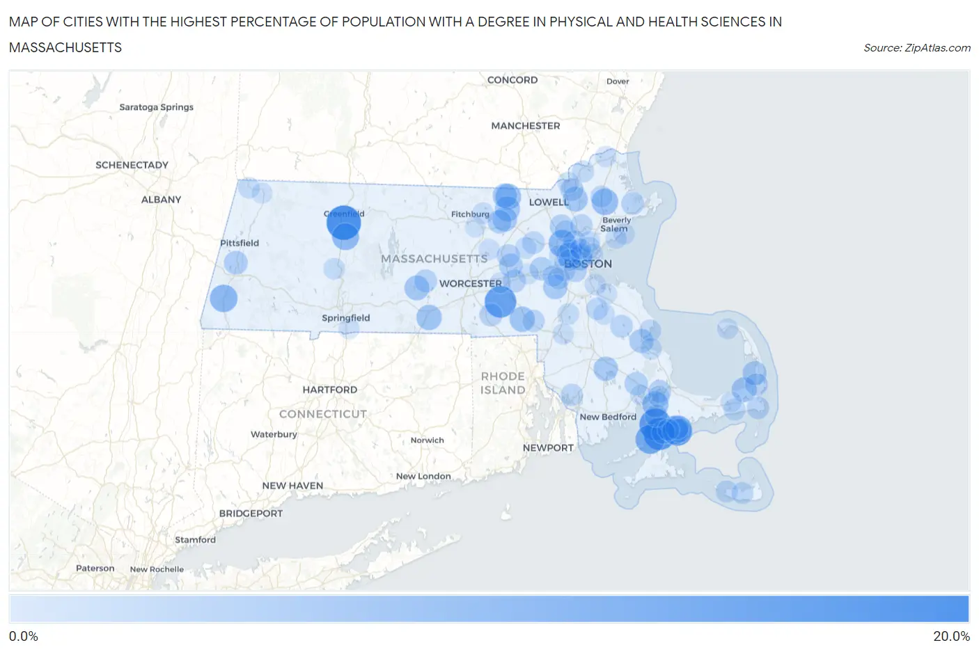 Cities with the Highest Percentage of Population with a Degree in Physical and Health Sciences in Massachusetts Map