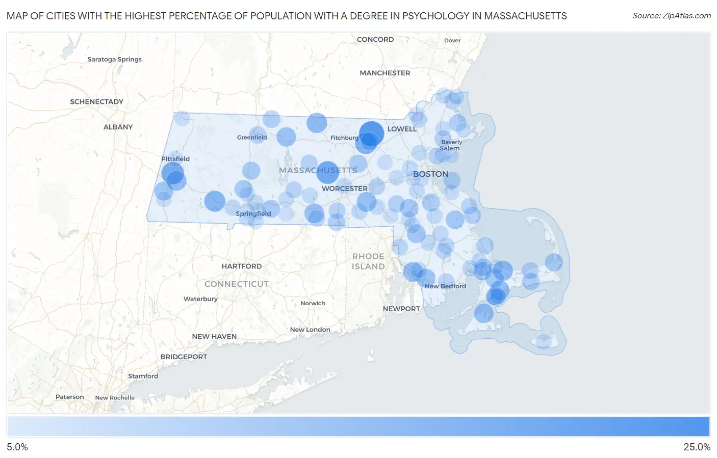 Cities with the Highest Percentage of Population with a Degree in Psychology in Massachusetts Map