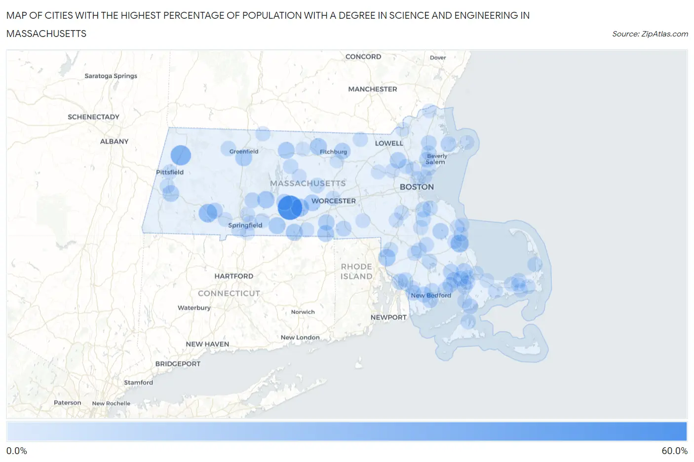 Cities with the Highest Percentage of Population with a Degree in Science and Engineering in Massachusetts Map