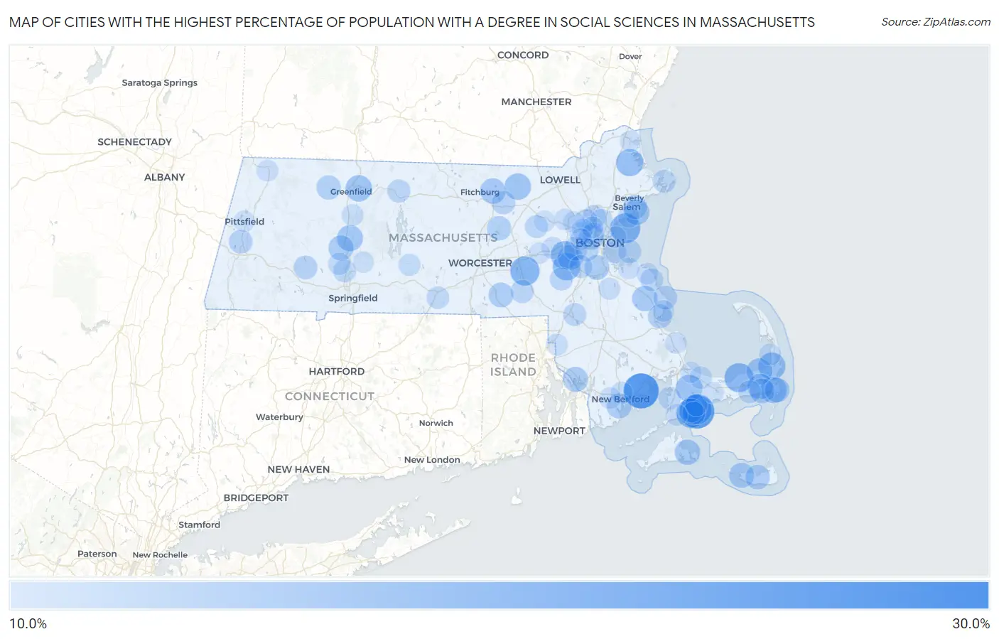 Cities with the Highest Percentage of Population with a Degree in Social Sciences in Massachusetts Map