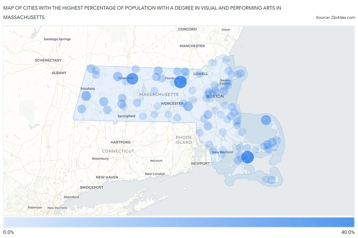 Cities with the Highest Percentage of Population with a Degree in Visual and Performing Arts in Massachusetts Map