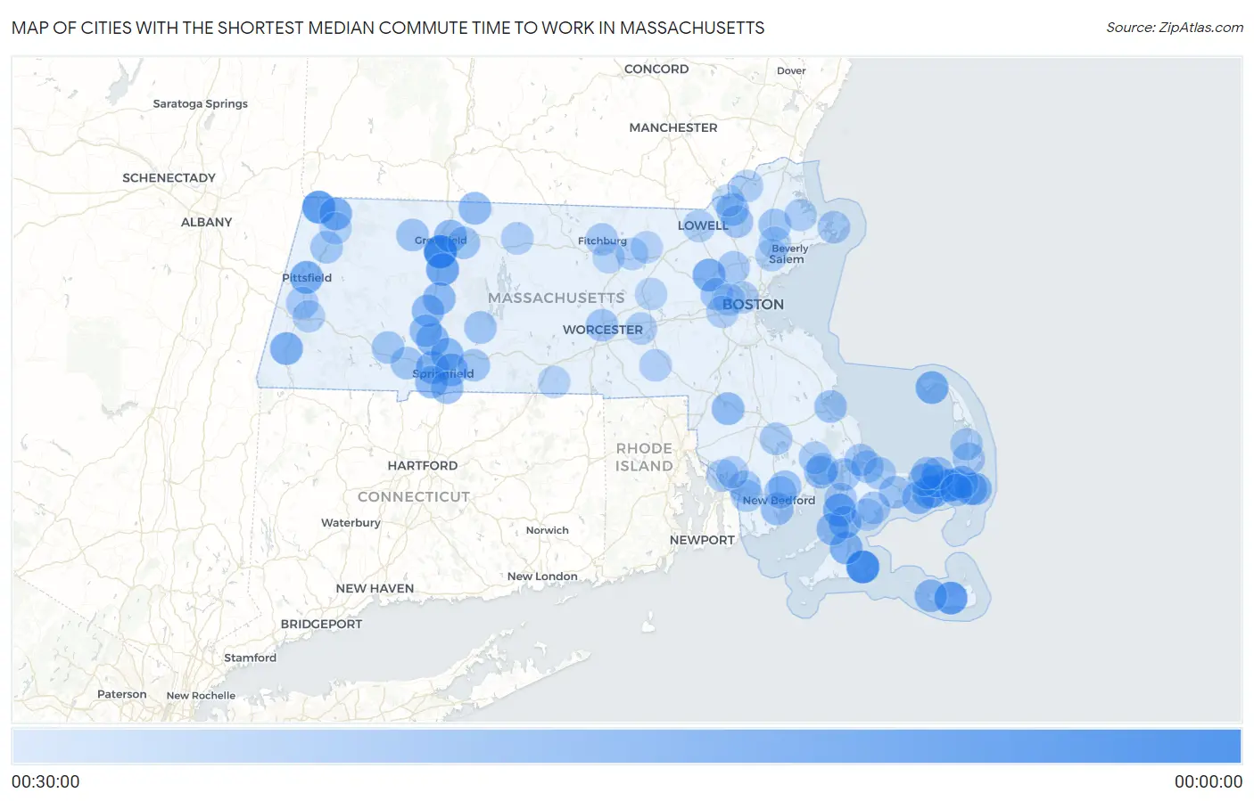 Cities with the Shortest Median Commute Time to Work in Massachusetts Map
