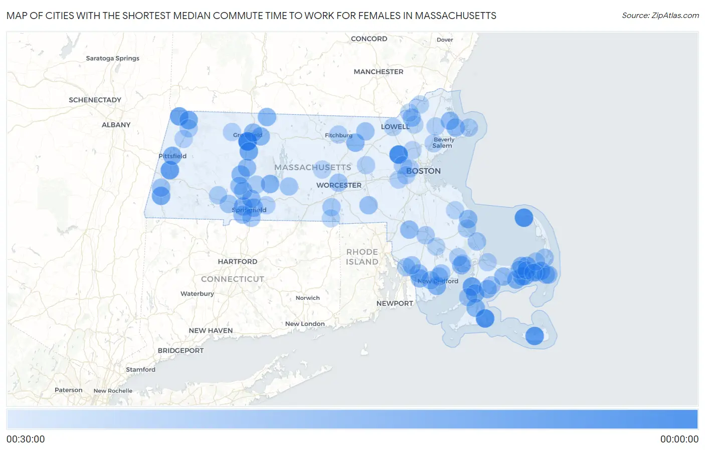 Cities with the Shortest Median Commute Time to Work for Females in Massachusetts Map