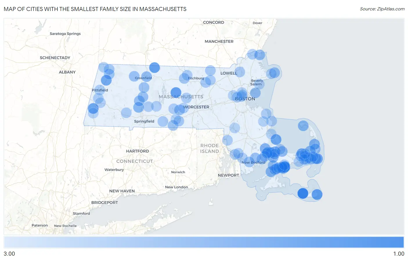 Cities with the Smallest Family Size in Massachusetts Map