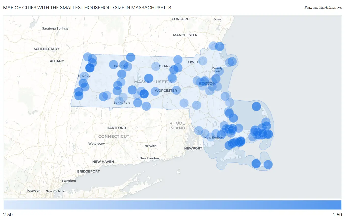 Cities with the Smallest Household Size in Massachusetts Map