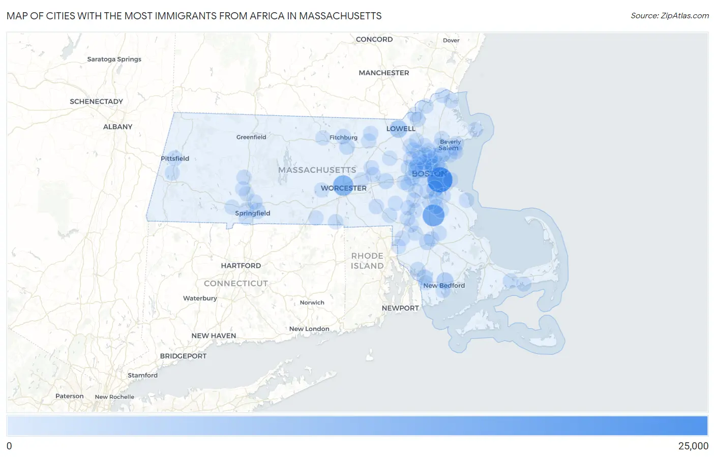 Cities with the Most Immigrants from Africa in Massachusetts Map